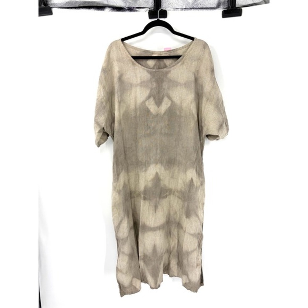 Love To Love You Linen Tie Dye Midi Dress Beige Taupe Oversized Short‎ Sleeve